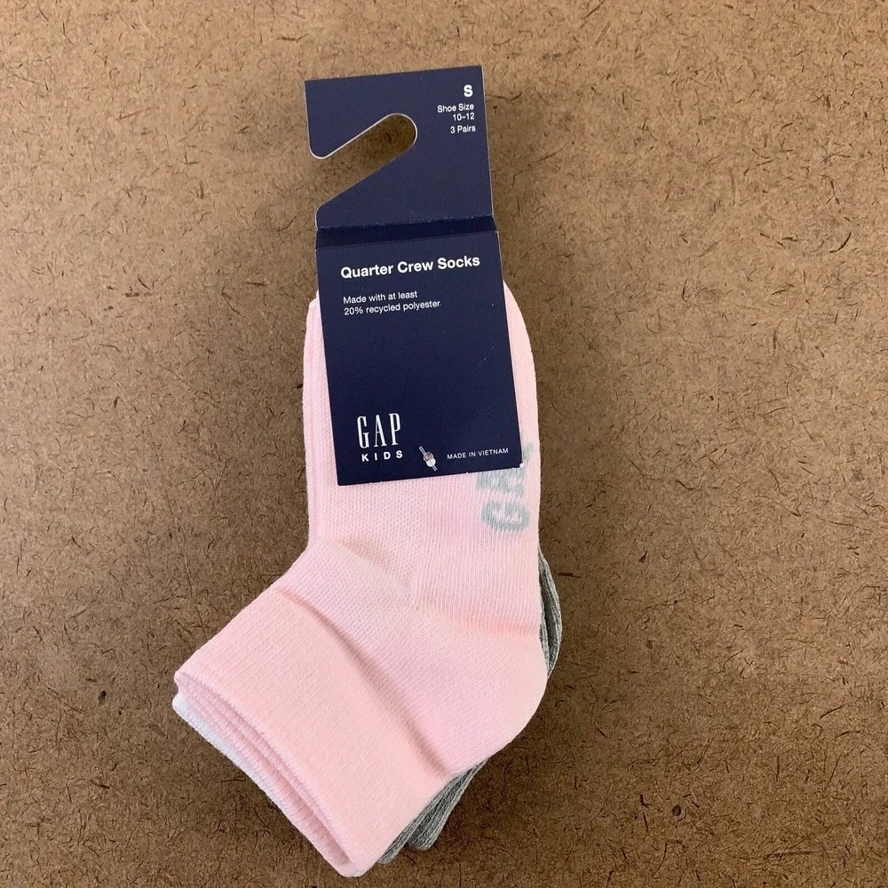 GAP Kids Girls Shoe Size 10-12 Pink White Gray Quarter Crew Socks (3-Pack) NWT